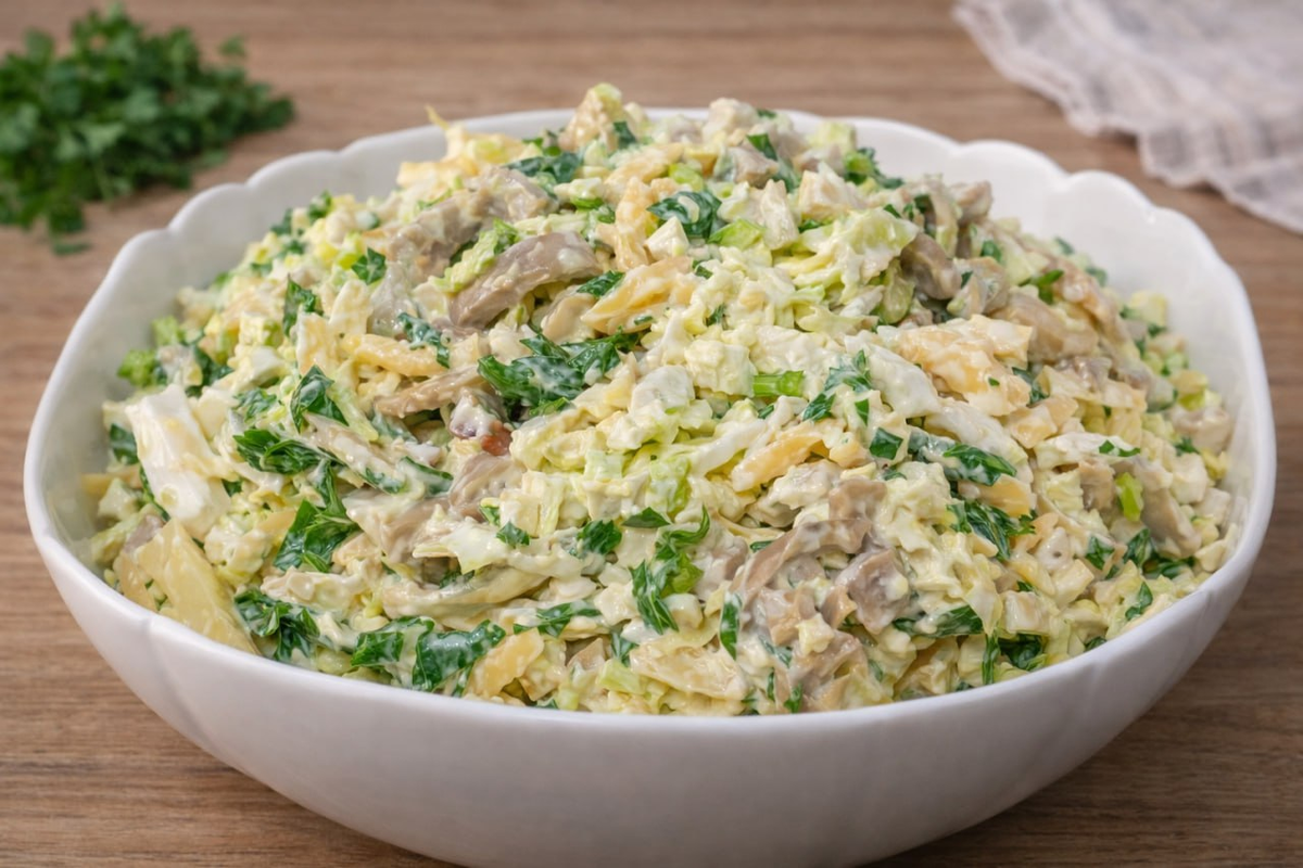 Легкий и сытный салат с грибами, сыром и пекинской капустой